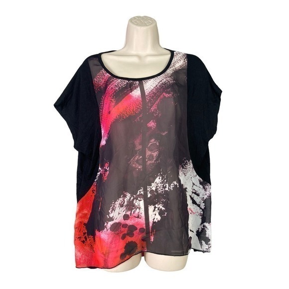 Vanilla Sugar Black Pink‎ White Blouse XL Cap Sleeve Graphic Tee See-Through - Picture 1 of 10